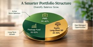 Core-satellite portfolio structure showing PMS, Flexicap fund and Equity Long-Short SIF allocation