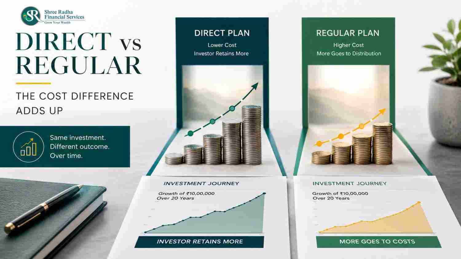 direct vs regular mutual fund cost comparison over 20 years