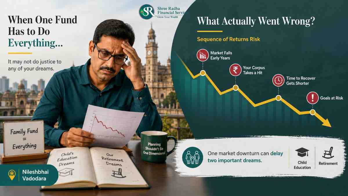 Father reviewing separate mutual fund folios for child education and retirement planning Surat