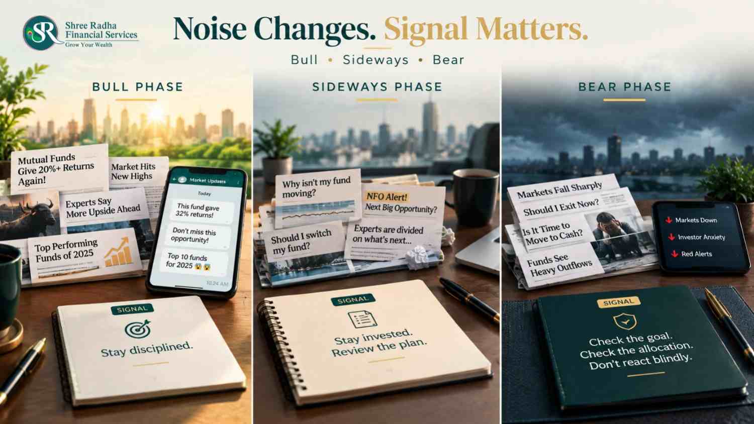 how to invest when market is down or sideways — noise versus signal in each market phase