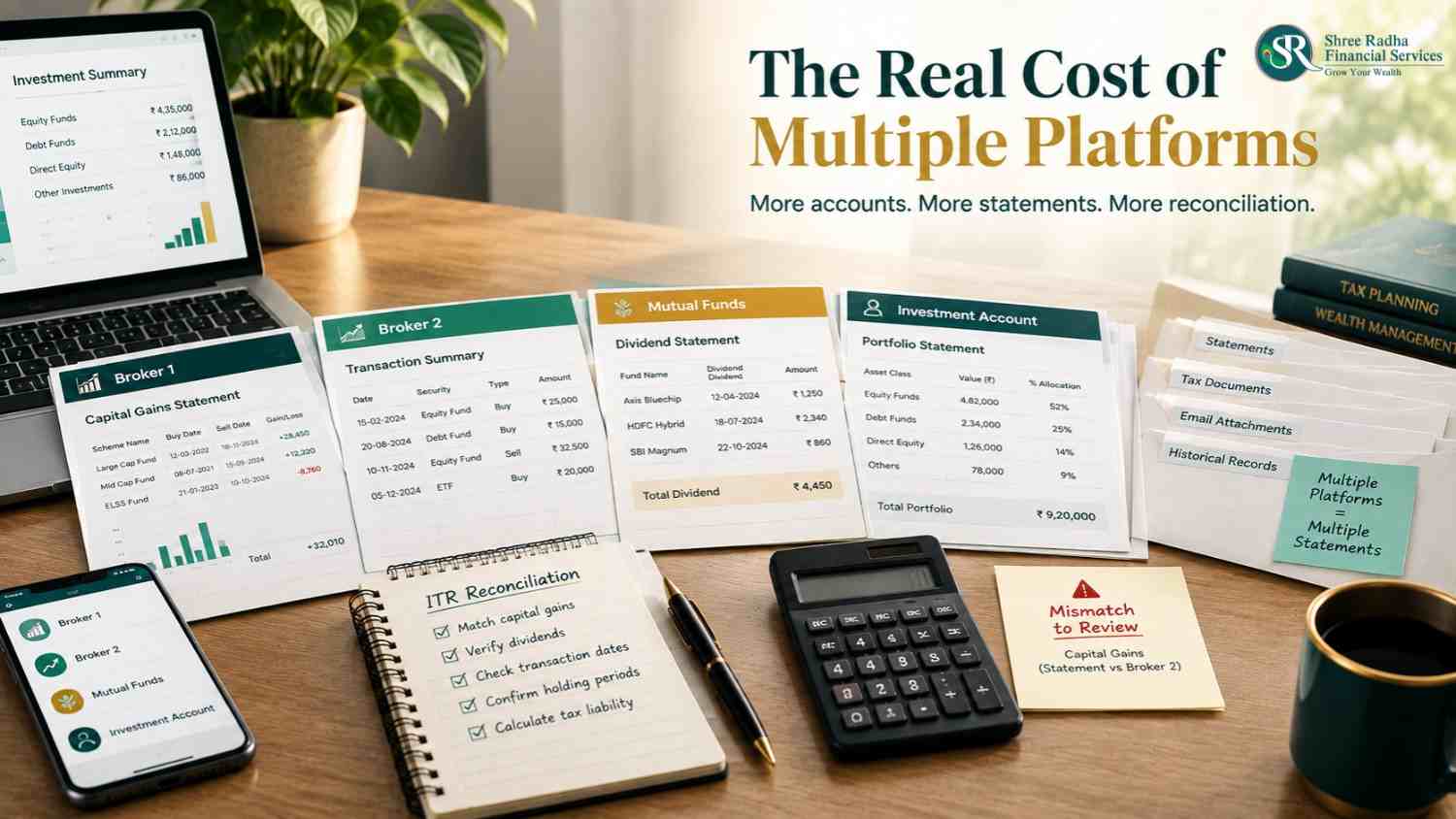 Investor comparing capital gains statements from different brokers — the real cost of ITR filing multiple platforms